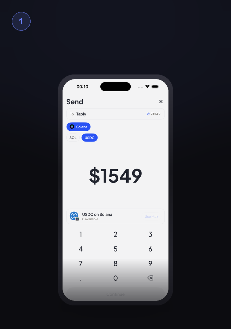 The send screen: recipient, chain and token chips, amount and keypad
